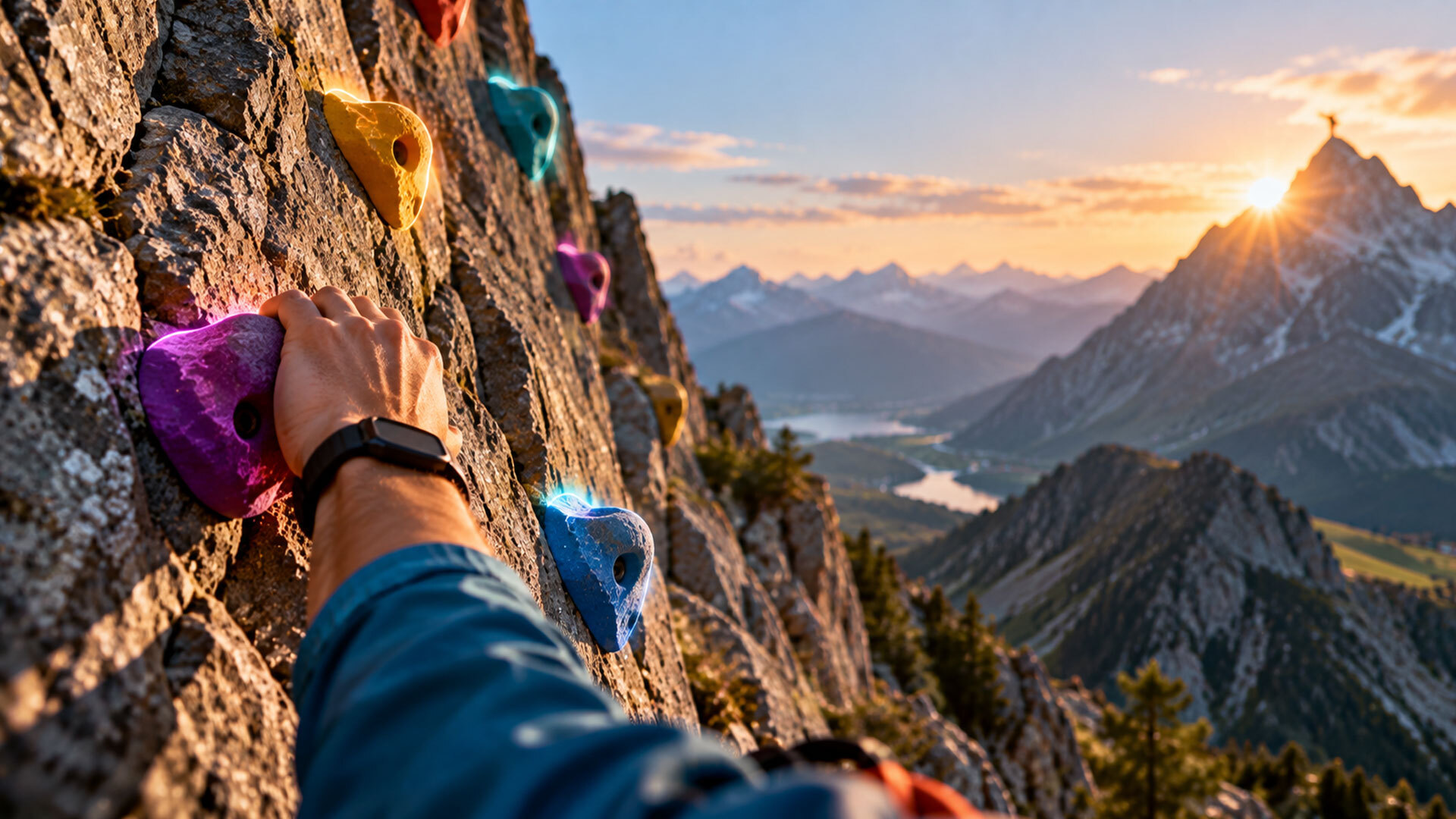 Hand greift nach einer farbigen Klettergriff an einer Felswand mit Berglandschaft und Sonnenuntergang im Hintergrund.