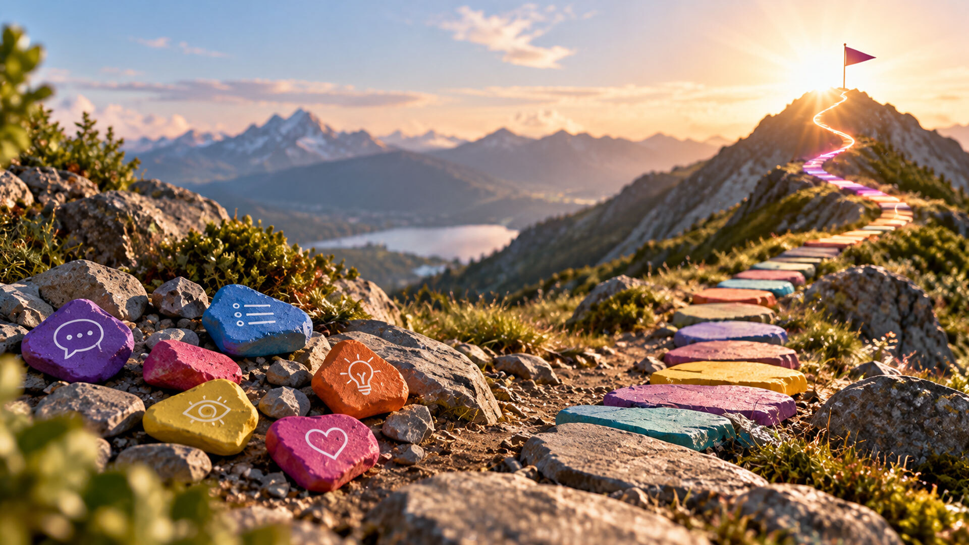 Bunter Weg aus Steinen mit Icons und einer Berglandschaft im Hintergrund, Sonnenuntergang am Horizont.